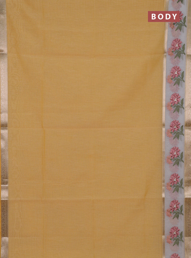 Kota saree yellow and off white with plain body and embroidery work border