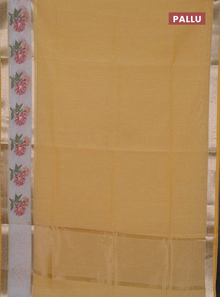 Kota saree yellow and off white with plain body and embroidery work border