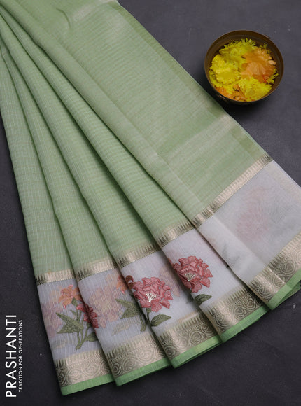 Kota saree pista green and off white with plain body and embroidery work border