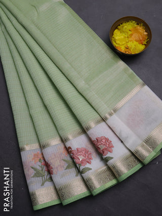 Kota saree pista green and off white with plain body and embroidery work border