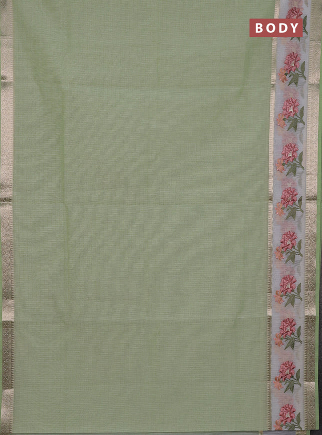 Kota saree pista green and off white with plain body and embroidery work border