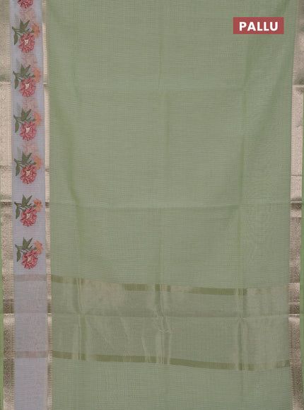 Kota saree pista green and off white with plain body and embroidery work border