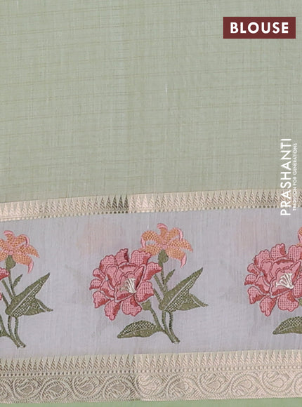 Kota saree pista green and off white with plain body and embroidery work border