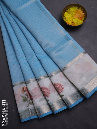 Kota saree light blue and off white with plain body and embroidery work border