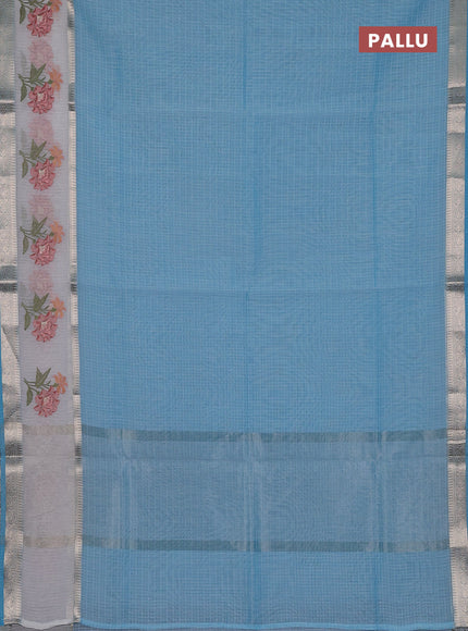 Kota saree light blue and off white with plain body and embroidery work border
