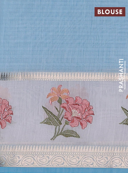 Kota saree light blue and off white with plain body and embroidery work border