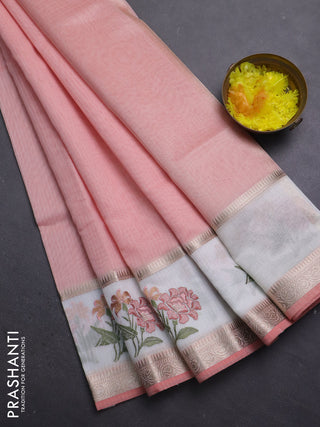 Kota saree peach shade and off white with plain body and embroidery work border