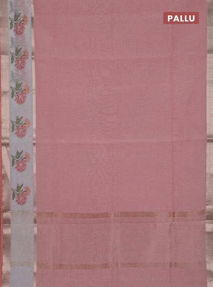 Kota saree peach shade and off white with plain body and embroidery work border