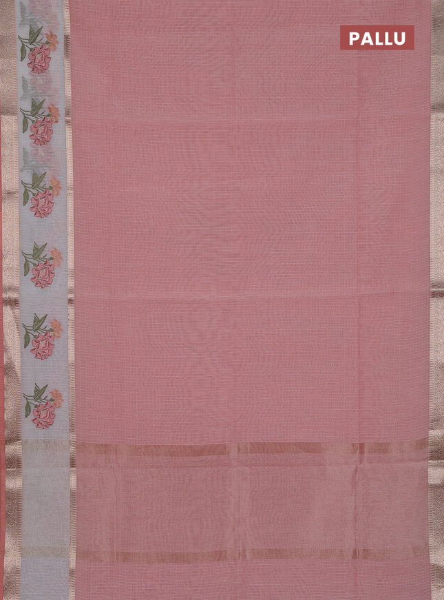 Kota saree peach shade and off white with plain body and embroidery work border