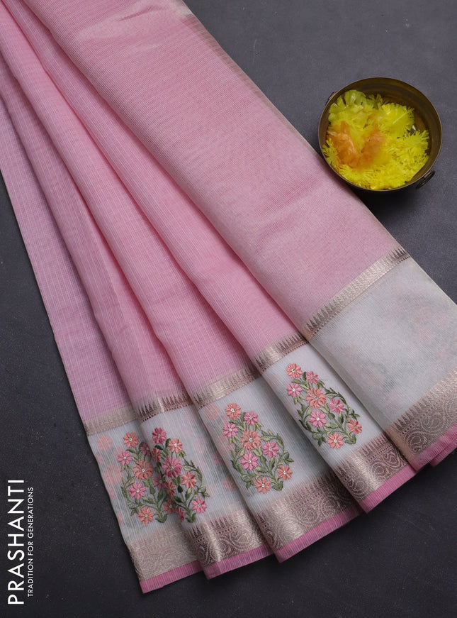 Kota saree light pink and off white with plain body and embroidery work border
