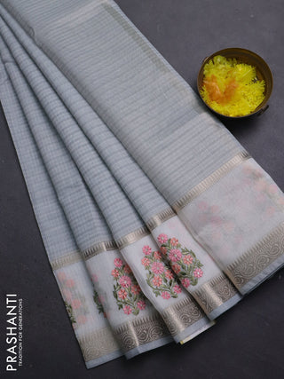 Kota saree grey and off white with plain body and embroidery work border