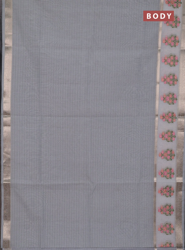 Kota saree grey and off white with plain body and embroidery work border