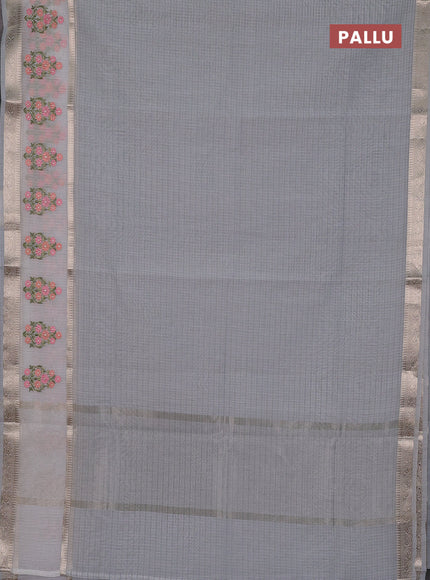 Kota saree grey and off white with plain body and embroidery work border