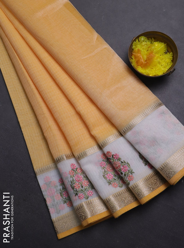 Kota saree yellow and off white with plain body and embroidery work border