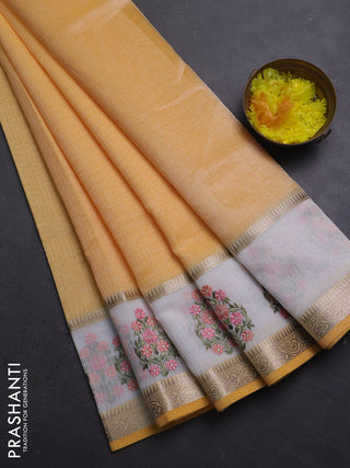 Kota saree yellow and off white with plain body and embroidery work border