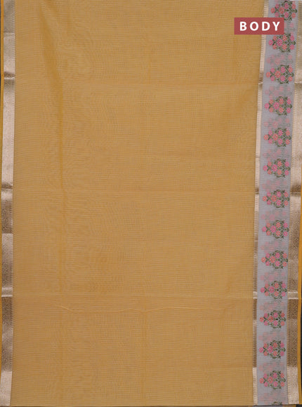 Kota saree yellow and off white with plain body and embroidery work border
