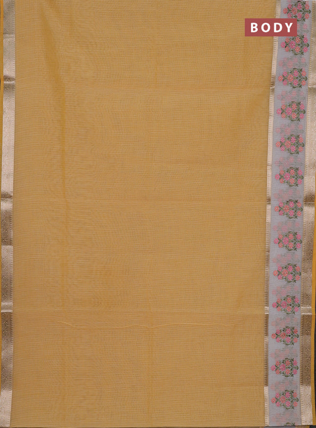 Kota saree yellow and off white with plain body and embroidery work border