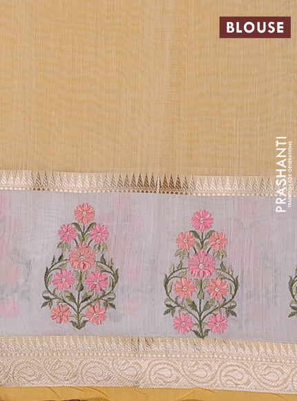 Kota saree yellow and off white with plain body and embroidery work border