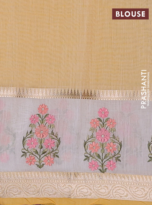 Kota saree yellow and off white with plain body and embroidery work border
