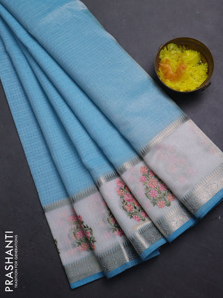 Kota saree light blue and off white with plain body and embroidery work border