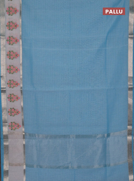 Kota saree light blue and off white with plain body and embroidery work border