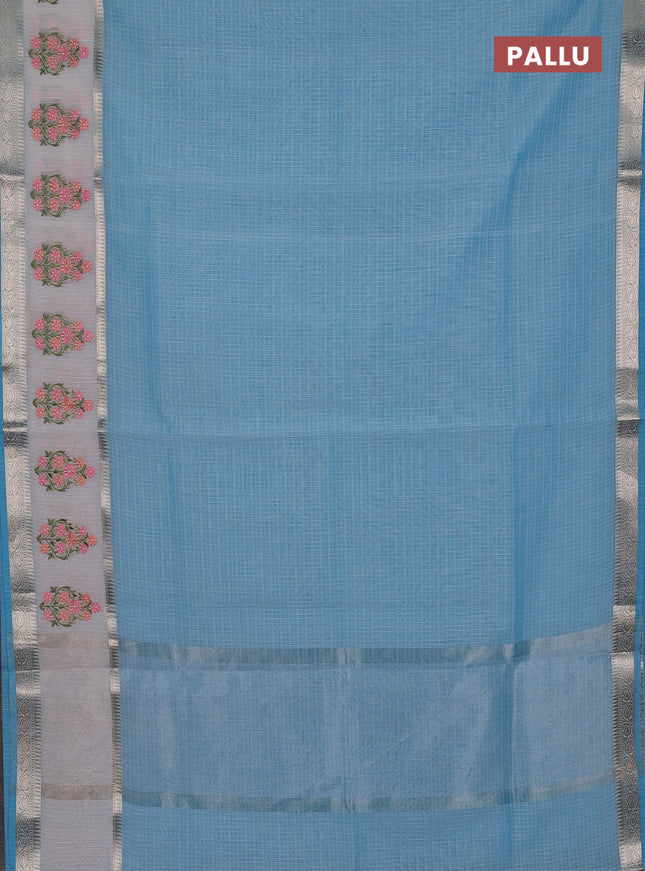 Kota saree light blue and off white with plain body and embroidery work border