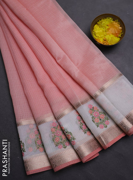 Kota saree peach shade and off white with plain body and embroidery work border