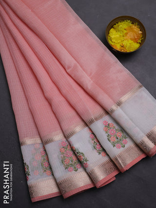 Kota saree peach shade and off white with plain body and embroidery work border