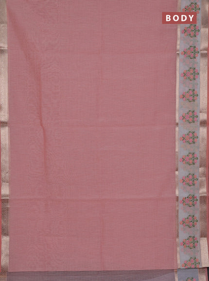 Kota saree peach shade and off white with plain body and embroidery work border
