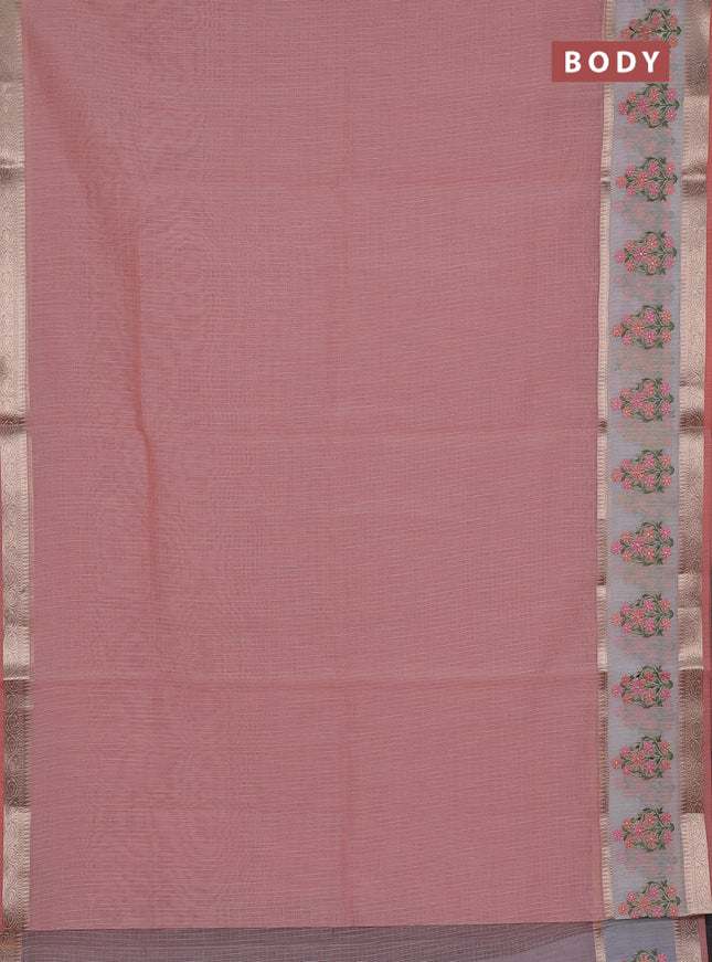 Kota saree peach shade and off white with plain body and embroidery work border