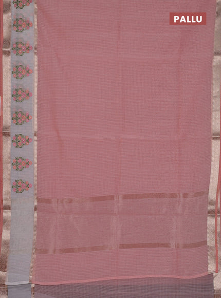 Kota saree peach shade and off white with plain body and embroidery work border
