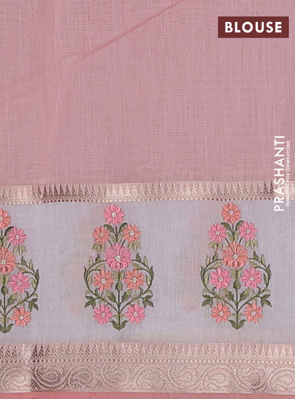 Kota saree peach shade and off white with plain body and embroidery work border