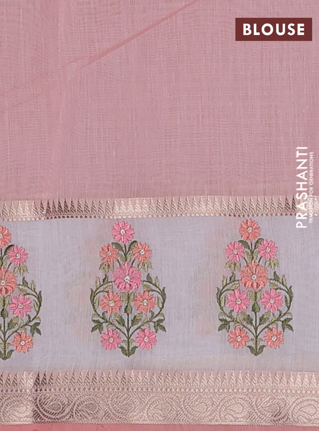 Kota saree peach shade and off white with plain body and embroidery work border