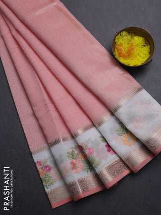 Kota saree peach shade and off white with plain body and embroidery work border