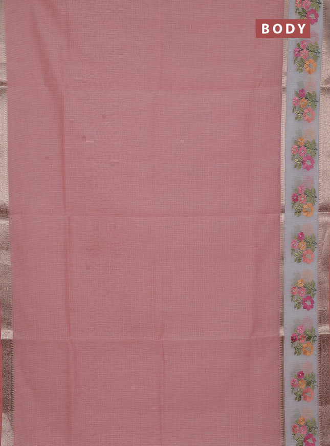 Kota saree peach shade and off white with plain body and embroidery work border