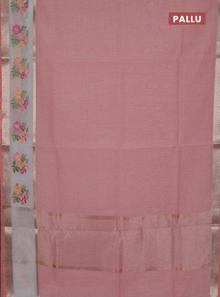 Kota saree peach shade and off white with plain body and embroidery work border
