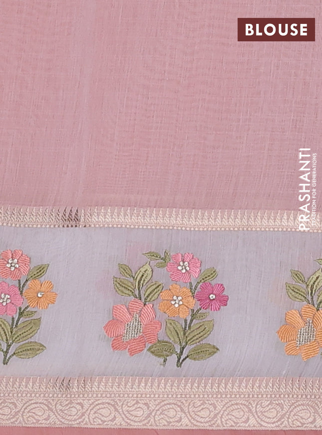 Kota saree peach shade and off white with plain body and embroidery work border