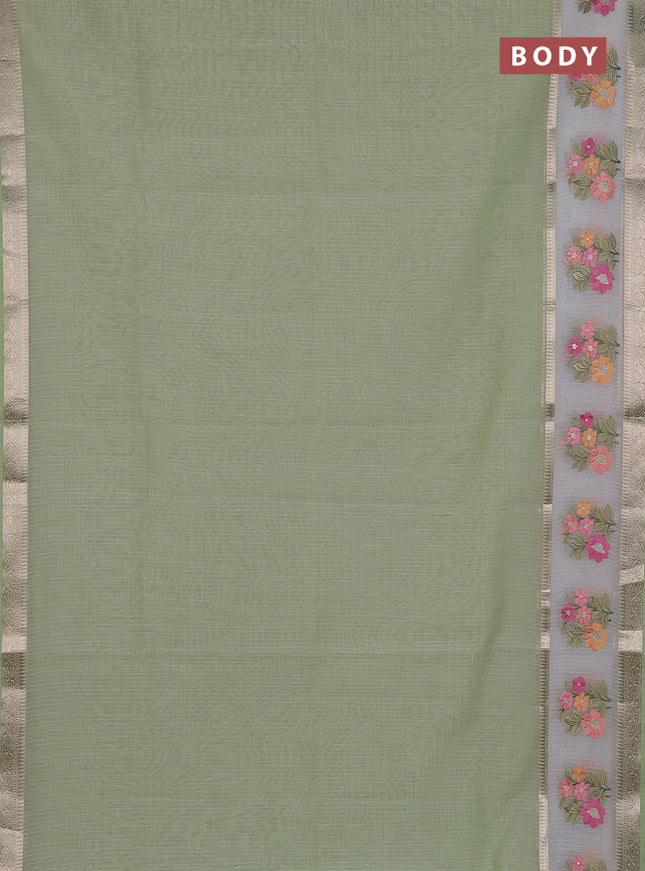 Kota saree pista green and off white with plain body and embroidery work border