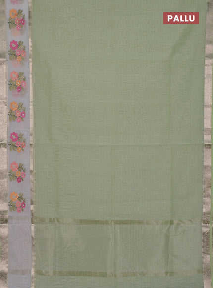 Kota saree pista green and off white with plain body and embroidery work border