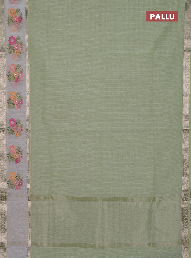 Kota saree pista green and off white with plain body and embroidery work border