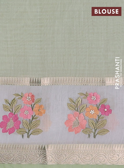 Kota saree pista green and off white with plain body and embroidery work border