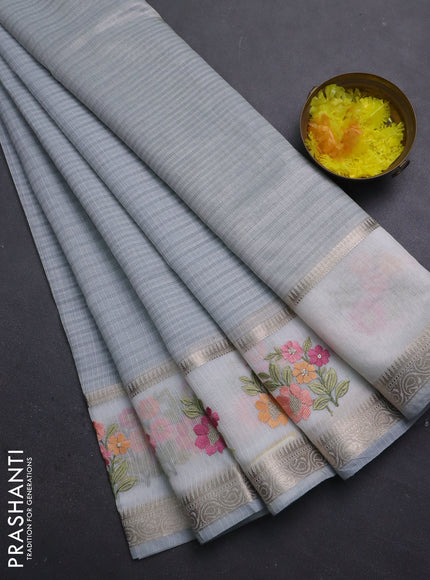 Kota saree grey and off white with plain body and embroidery work border