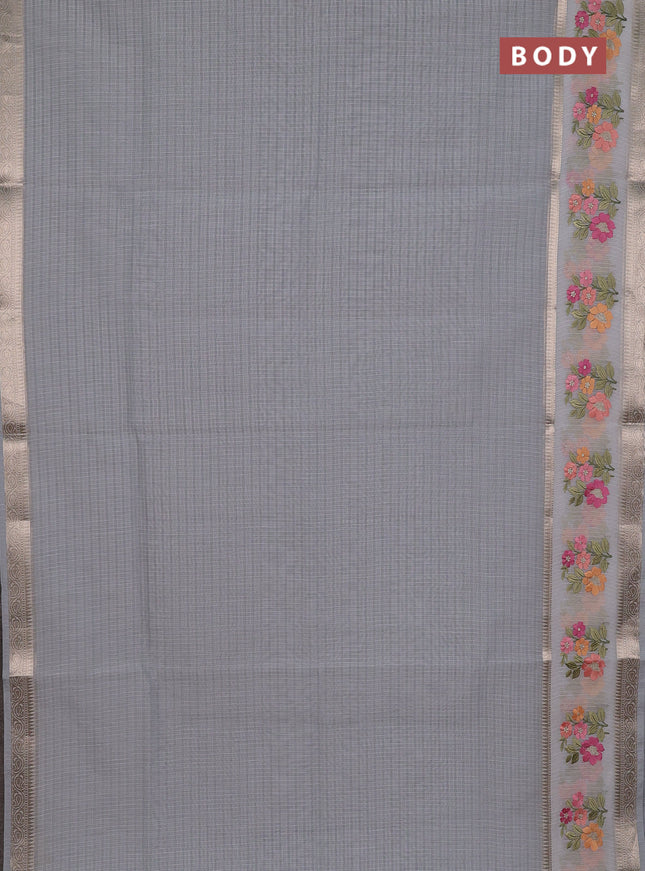 Kota saree grey and off white with plain body and embroidery work border