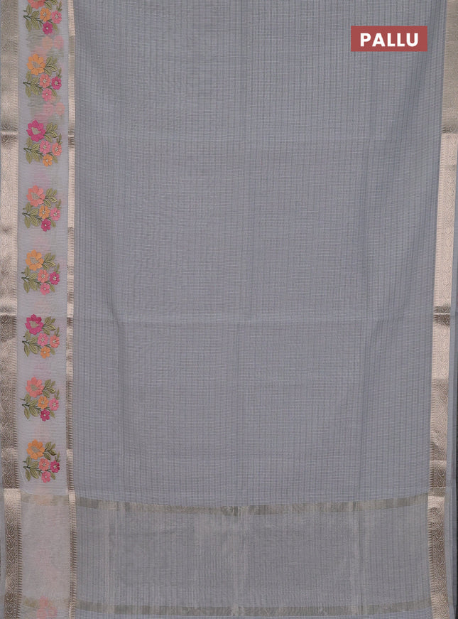 Kota saree grey and off white with plain body and embroidery work border