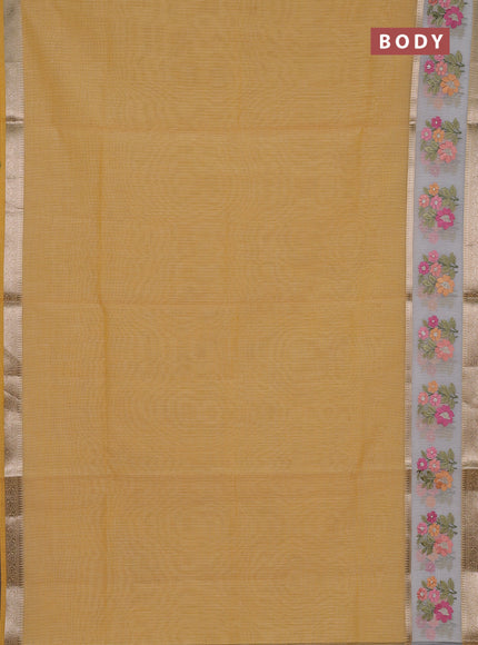 Kota saree yellow and off white with plain body and embroidery work border