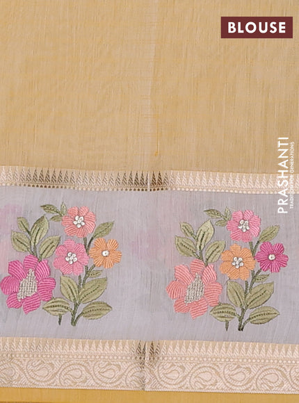 Kota saree yellow and off white with plain body and embroidery work border