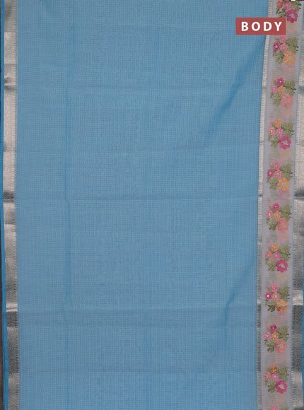 Kota saree light blue and off white with plain body and embroidery work border