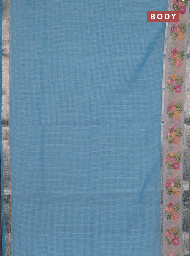 Kota saree light blue and off white with plain body and embroidery work border