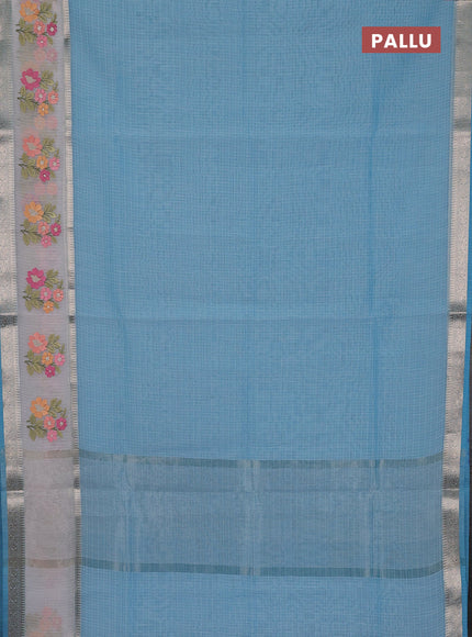 Kota saree light blue and off white with plain body and embroidery work border