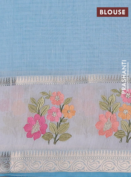 Kota saree light blue and off white with plain body and embroidery work border